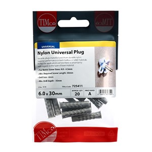 ersatile plugs manufactured from durable nylon. Superior performance in both hollow or solid materials. Perfect for applications where there is uncertainty with regards to the type of base material. NOTE: Screws not included.

• *When selecting screw length, add thickness of fixture to &#39;Min required screw length&#39;
• **We do not recommend the use of power tools when fixing to plasterboard