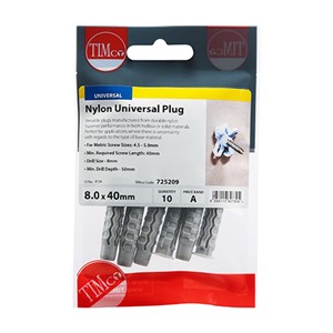 Versatile plugs manufactured from durable nylon. Superior performance in both hollow or solid materials. Perfect for applications where there is uncertainty with regards to the type of base material. NOTE: Screws not included.

• *When selecting screw length, add thickness of fixture to &#39;Min required screw length&#39;
• **We do not recommend the use of power tools when fixing to plasterboard