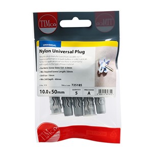 Versatile plugs manufactured from durable nylon. Superior performance in both hollow or solid materials. Perfect for applications where there is uncertainty with regards to the type of base material. NOTE: Screws not included.

• *When selecting screw length, add thickness of fixture to &#39;Min required screw length&#39;
• **We do not recommend the use of power tools when fixing to plasterboard