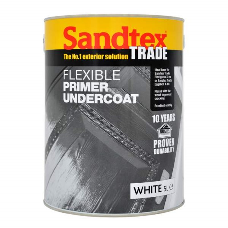 Sandtex Trade Flexible Primer Undercoat provides an idea base for Sandtex Trade Flexigloss X-Tra as well as Eggshell X-Tra. This product is formulated to seal wood for exterior joinery, but can also be used over suitably primed metal. Flexible Primer Undercoat contains an increased level of fungicide making this ideal for protecting the applied paint film. High performance product which offers superior resistance to flaking and cracking, when used in a 2-part system with products above. Under normal drying conditions dry and recoatable after 16 hours.